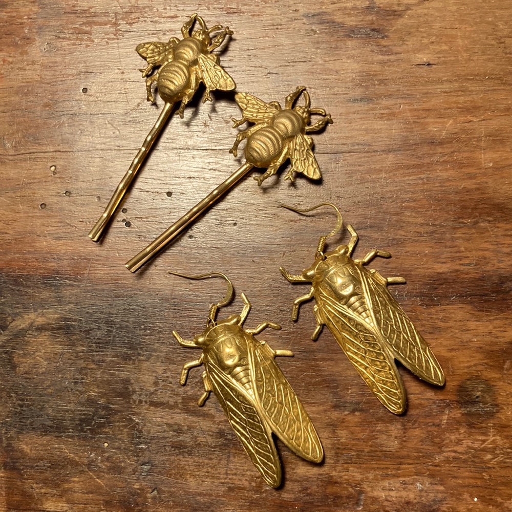 Bee Pins and Cicada Earrings Gold Tone